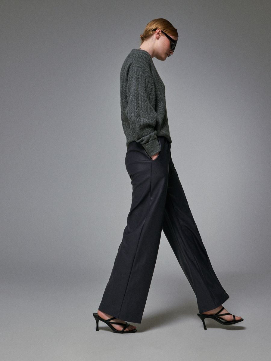 grey faux leather trousers