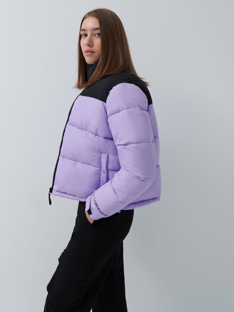 purple cropped puffer jacket