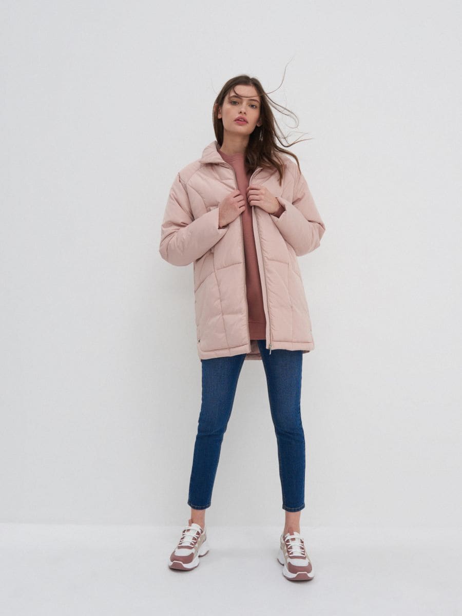Pink quilted coat clearance