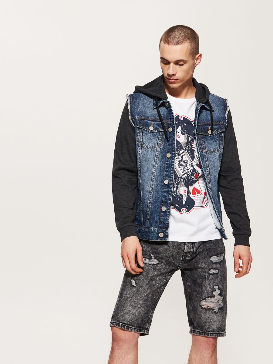 jean jacket with fabric sleeves