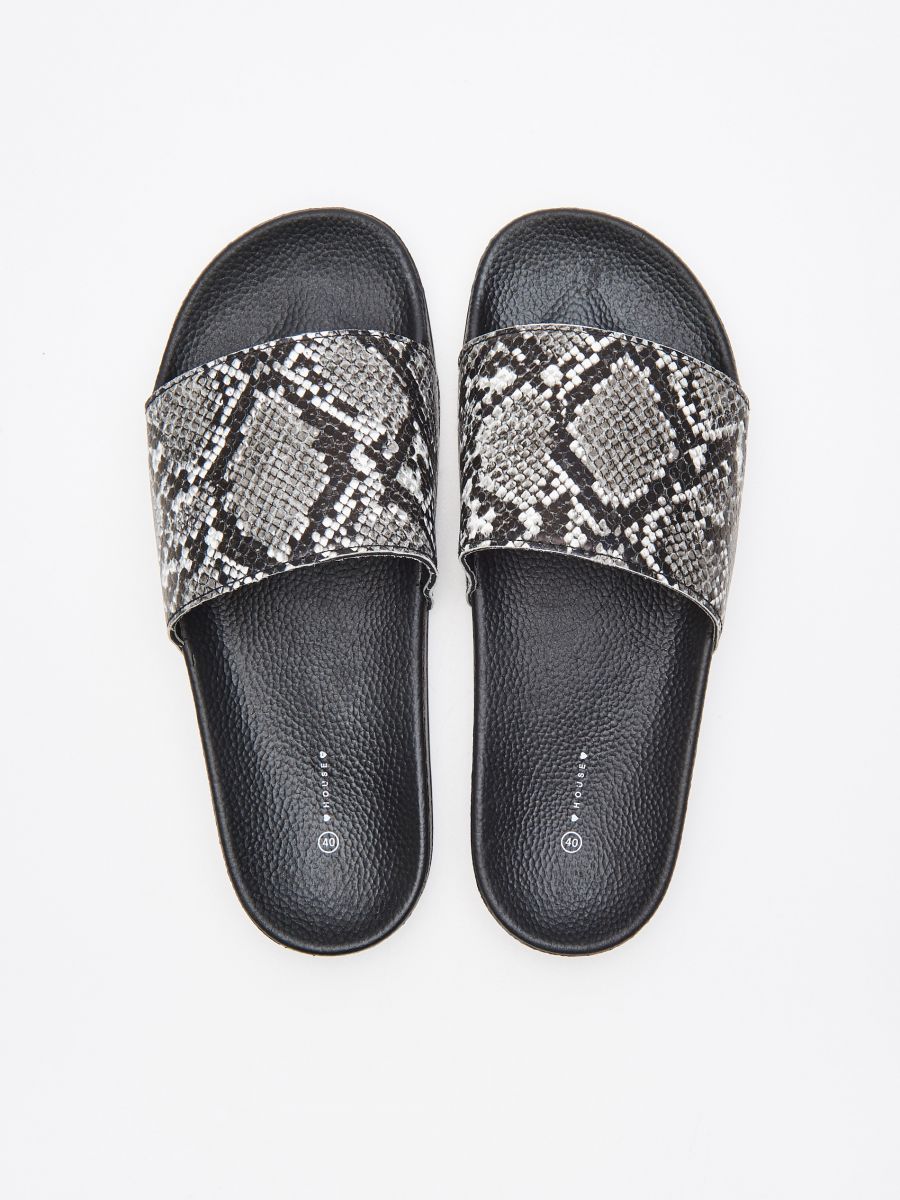 multicolor snakeskin slides