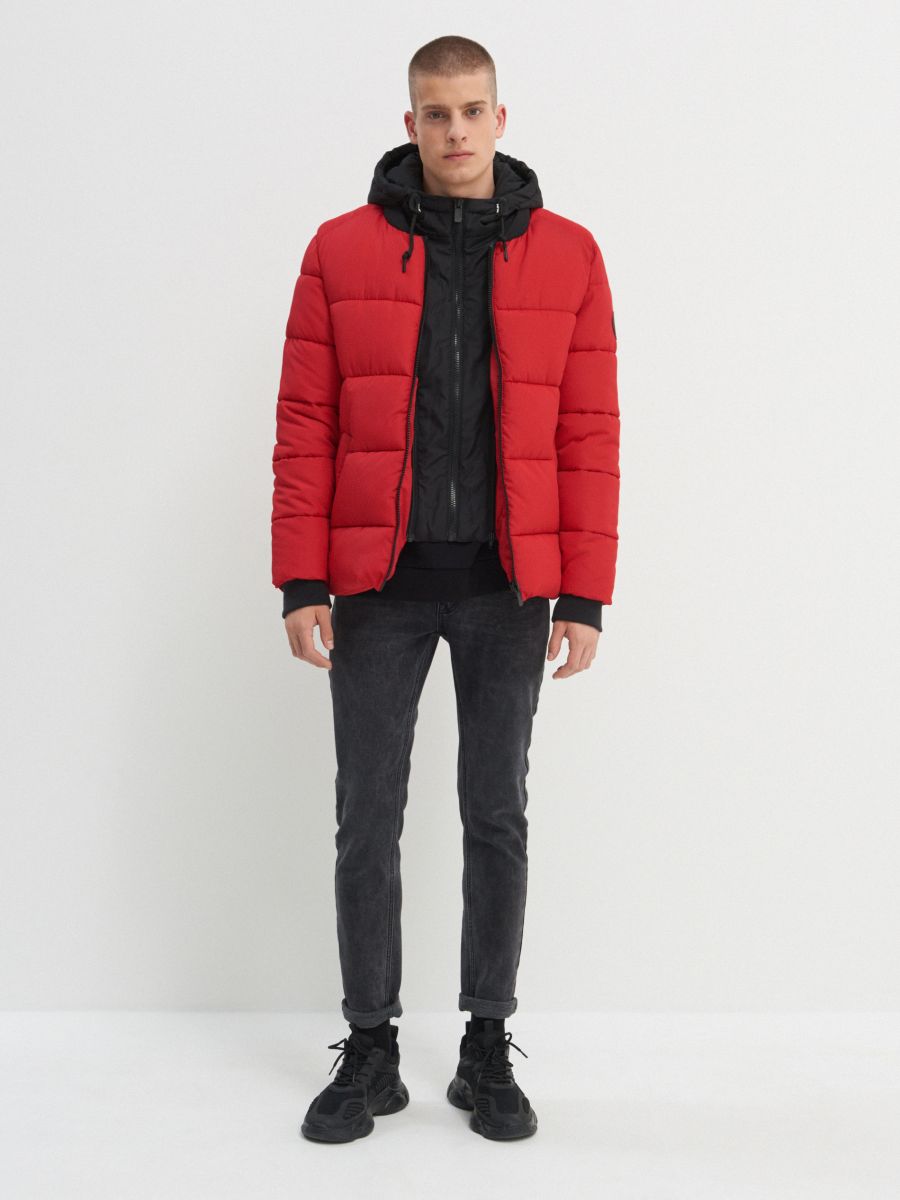 red quilted bomber jacket