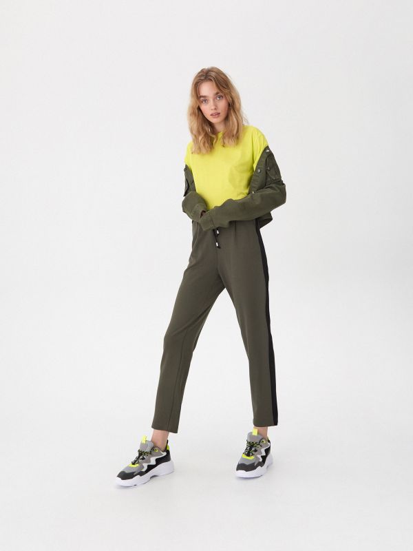Pantaloni cigarette cu lampasuri - kaki - XC481-87X - HOUSE