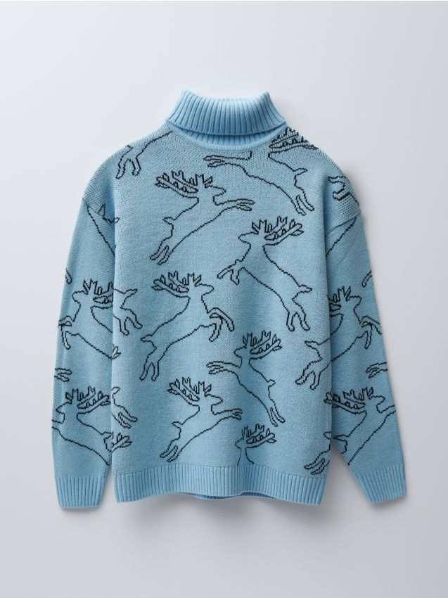 Sweter z golfem i reniferami - light blue - 7372L-50X - HOUSE