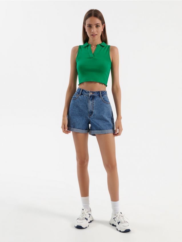 Pantaloni scurți high waist, din denim - indigo jeans - HOUSE