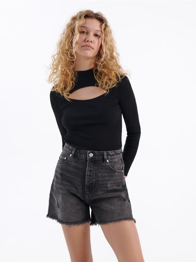 Pantaloni scurți high waist, din denim - negru - HOUSE
