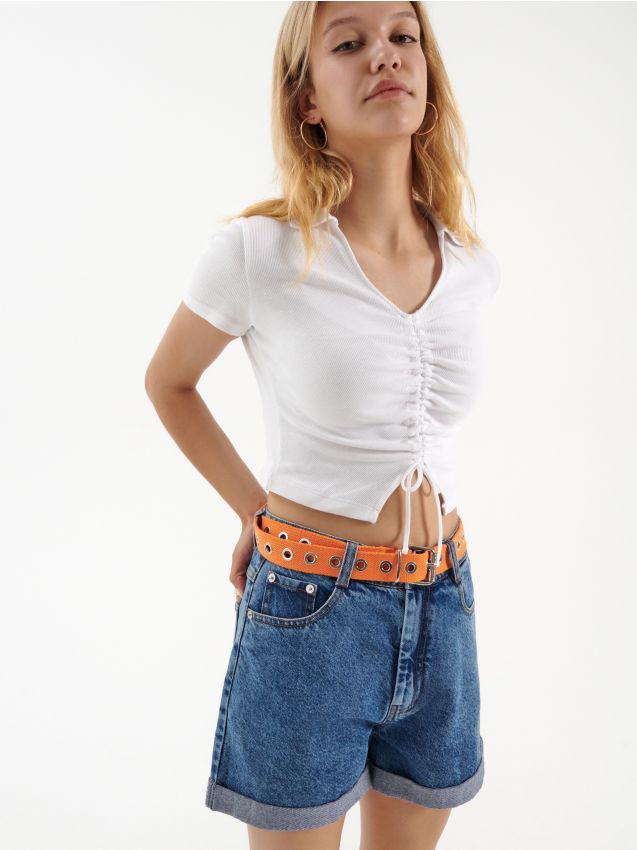 Pantaloni scurți high waist, din denim - indigo jeans - HOUSE