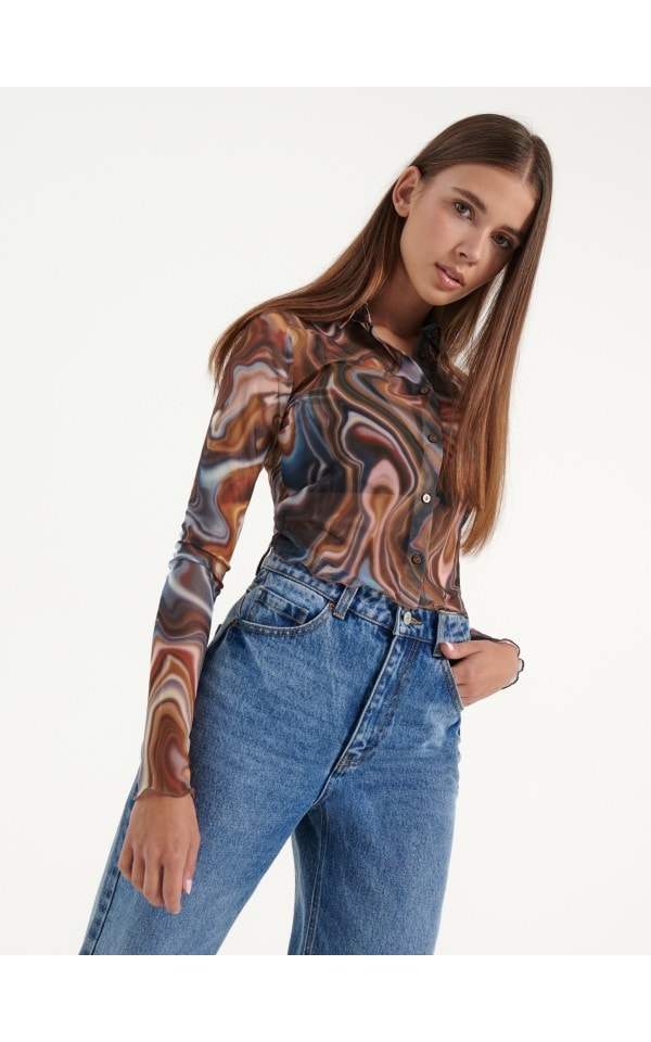 Transparentna koszula z wzorem retro HOUSE 8011Q MC1